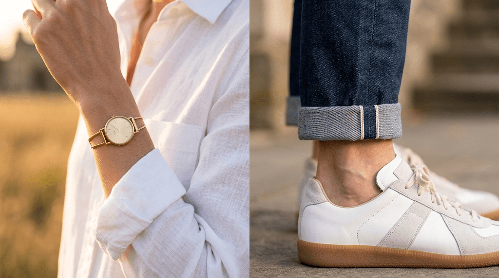 Wrist and ankle detail close-up — negative space styling