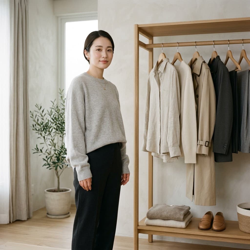 Minimal open capsule wardrobe with light grey knit and black trousers