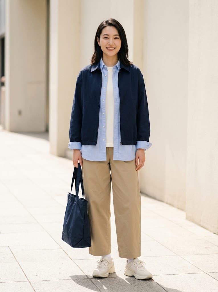 Navy short jacket, light-blue shirt, khaki wide trousers
