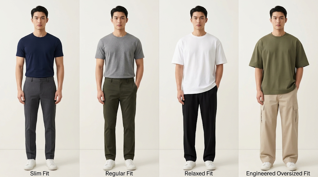 Four fits compared: slim, regular, relaxed, engineered oversized — look two