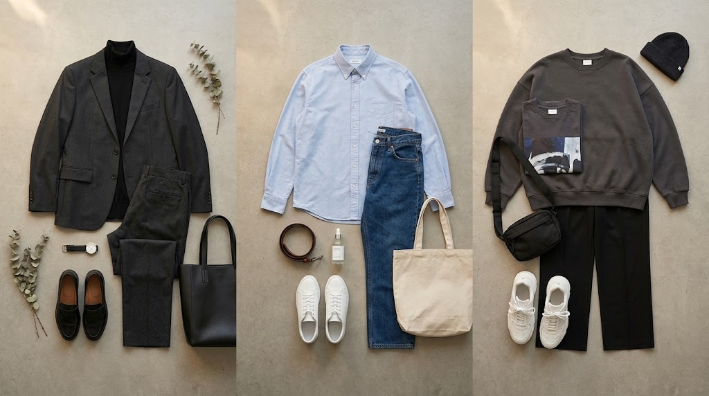 Three scenarios: office slim/regular, casual relaxed, weekend oversized flat lay
