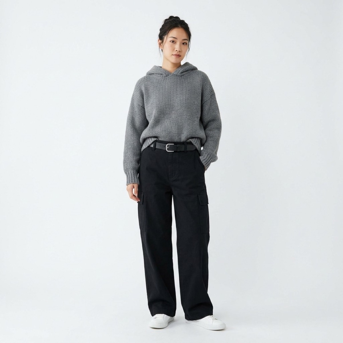 Heavy hoodie front-tuck with high-rise wide cargos