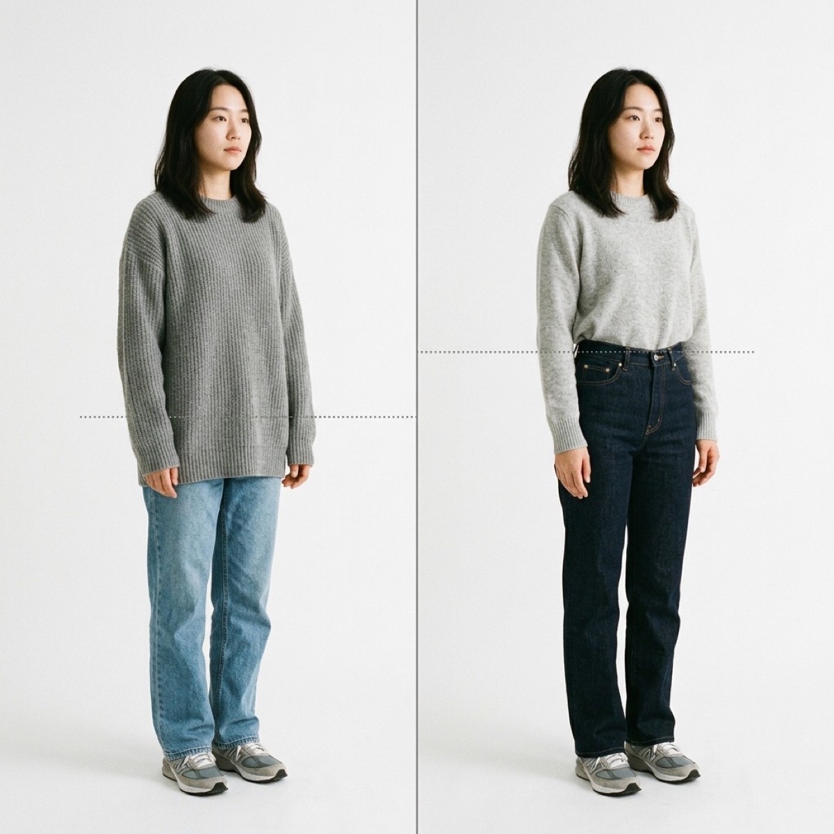 50/50 vs 1:2 waistline: long untucked top versus tucked high-rise look