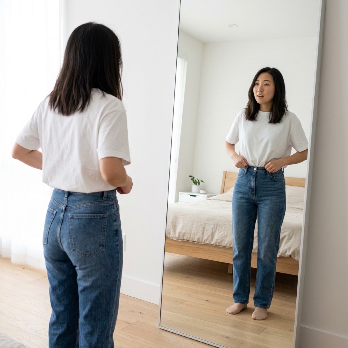 Q1 waistline check: half-tuck at the mirror for a 1:2 proportion
