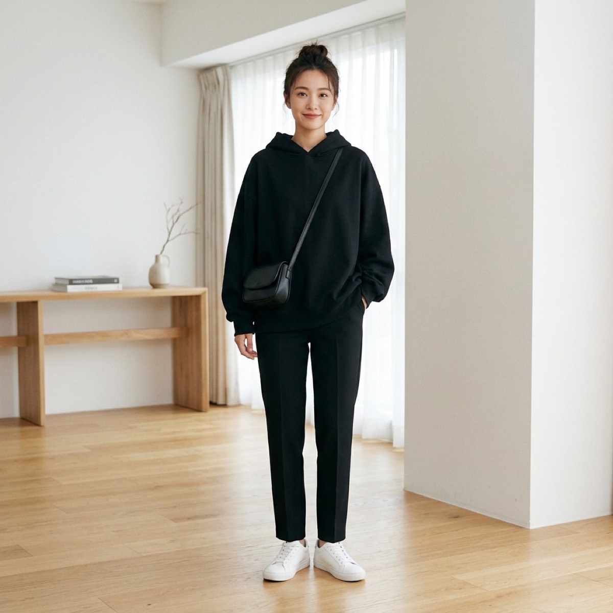 Q2 silhouette check: oversized hoodie balanced with slim straight trousers