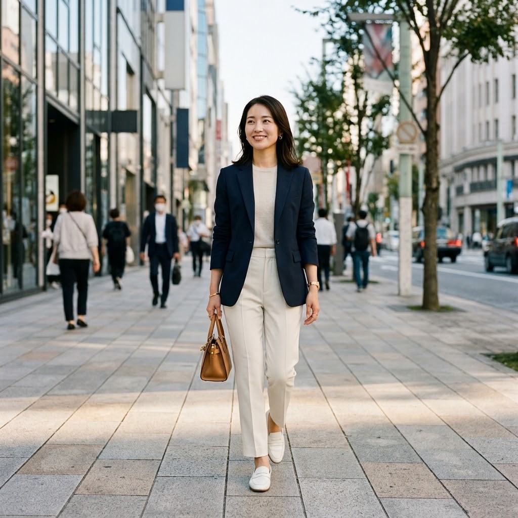Navy blazer with oatmeal knit and white trousers on a city street