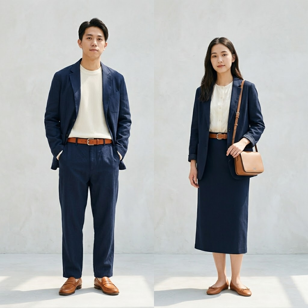 Three-color palette: navy base with cream layers and tan leather accents