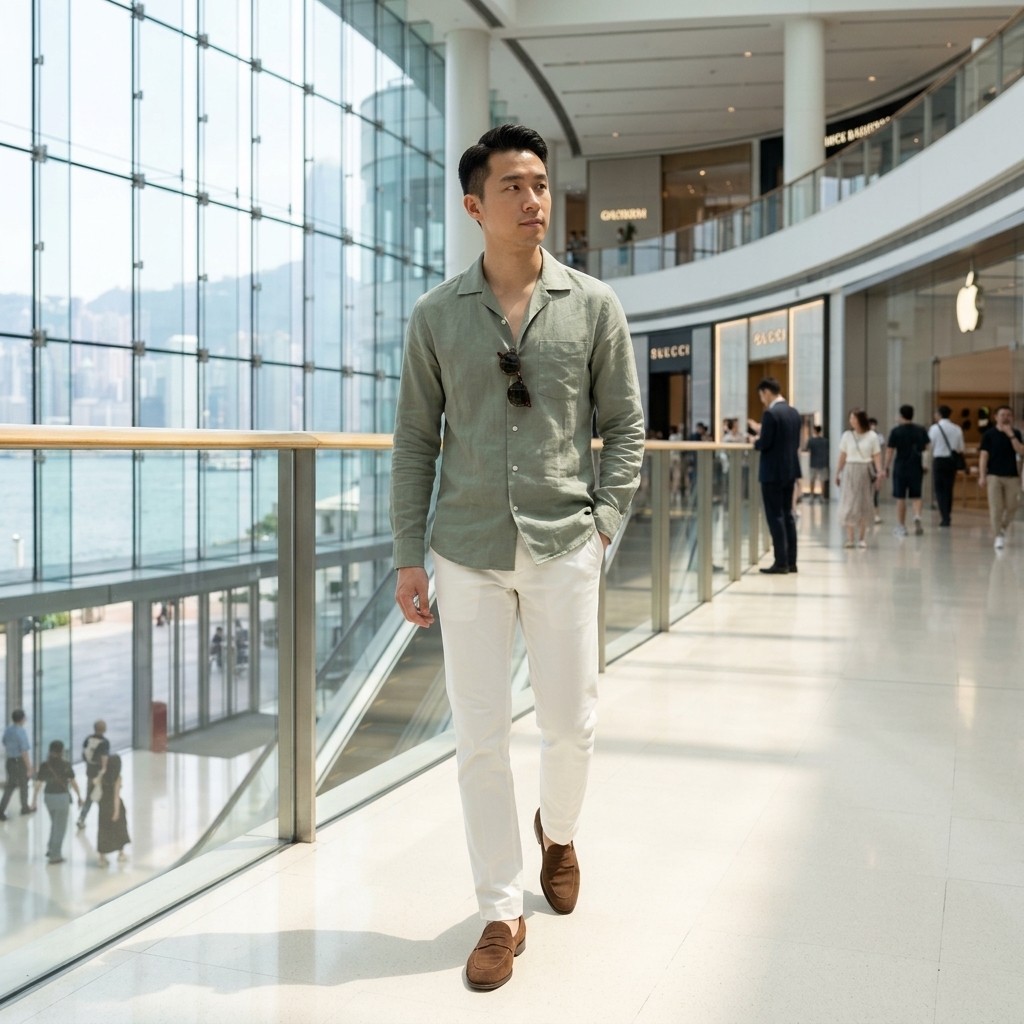 Smart casual — men: sage Cuban-collar shirt, ivory trousers, suede loafers