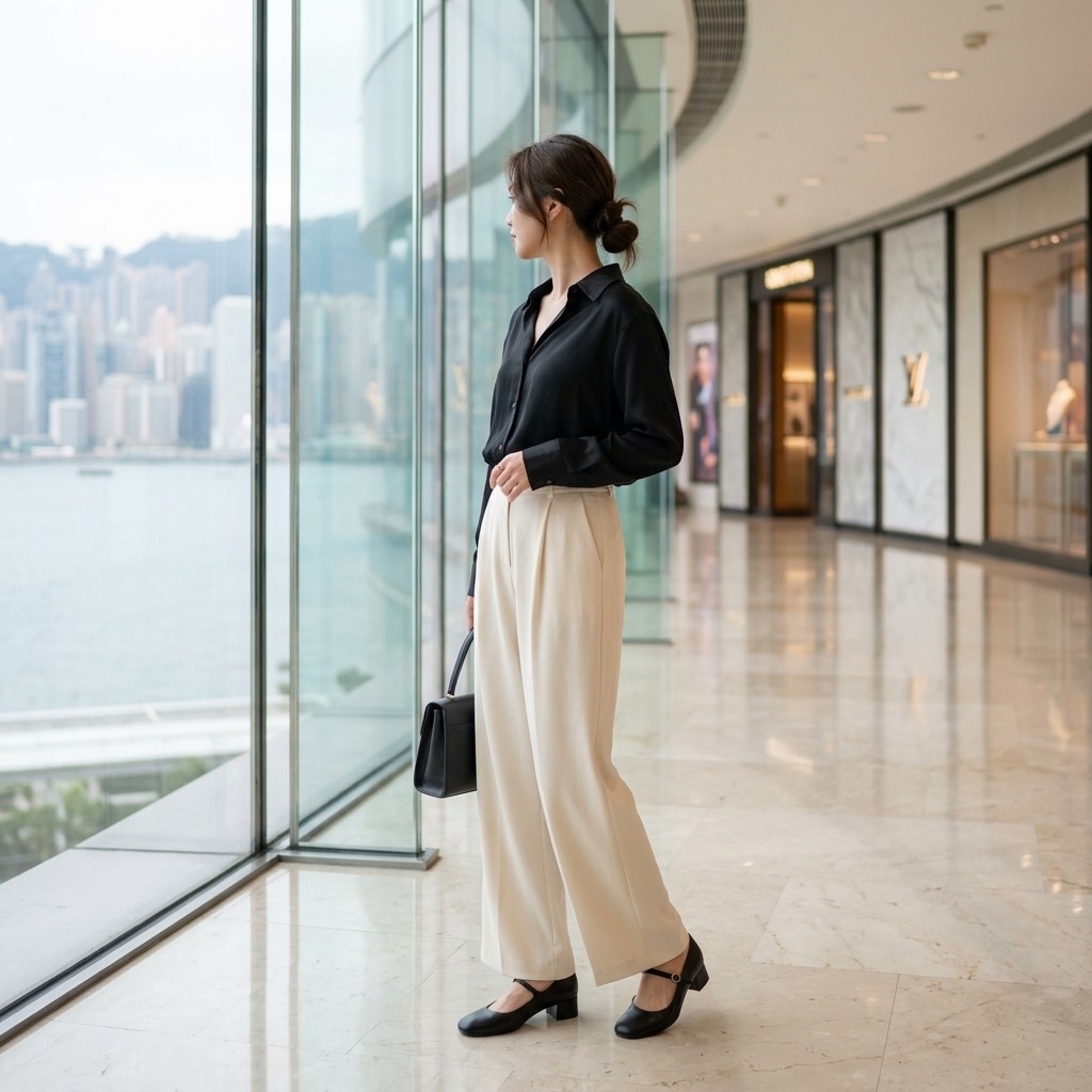 Smart casual — women: open-collar shirt, cream wide trousers, Mary Jane heels