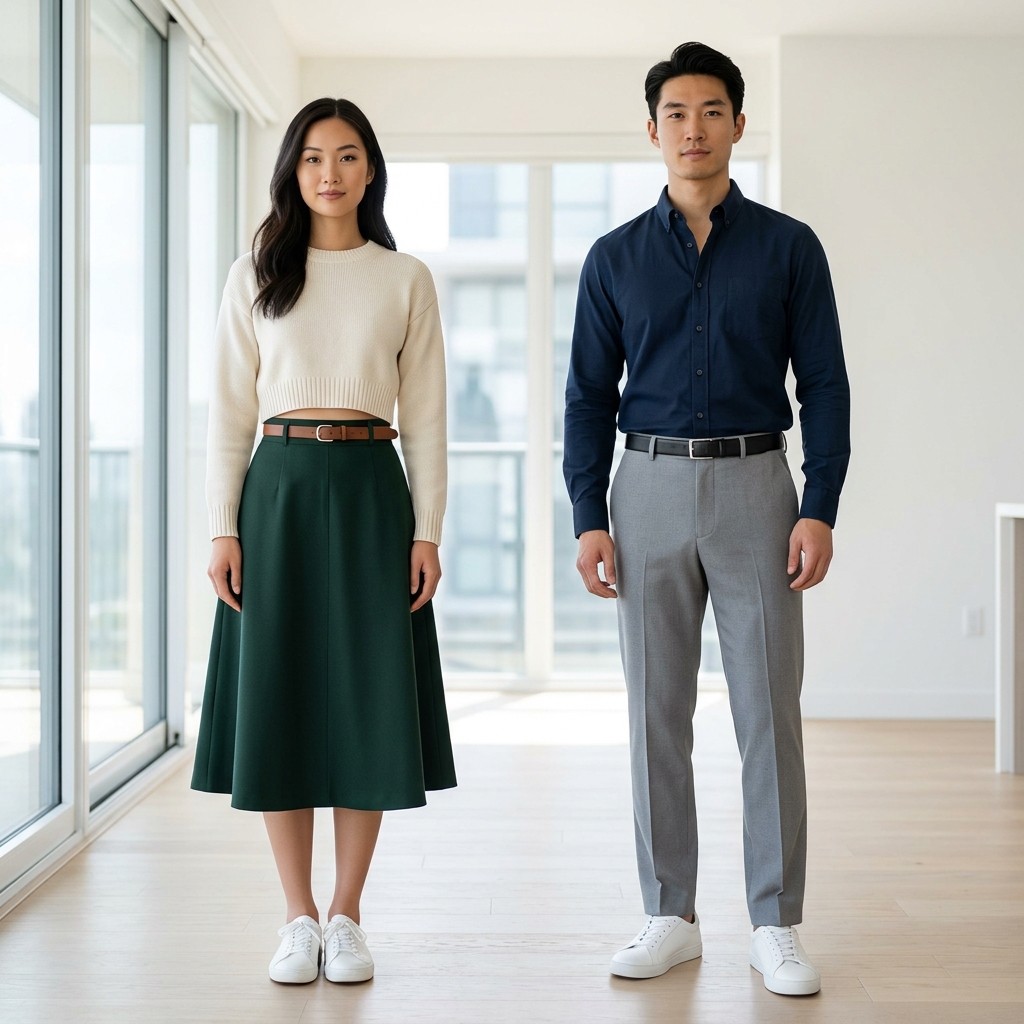 1/3 proportion rule: cropped knit, tucked shirt, and high-rise silhouettes