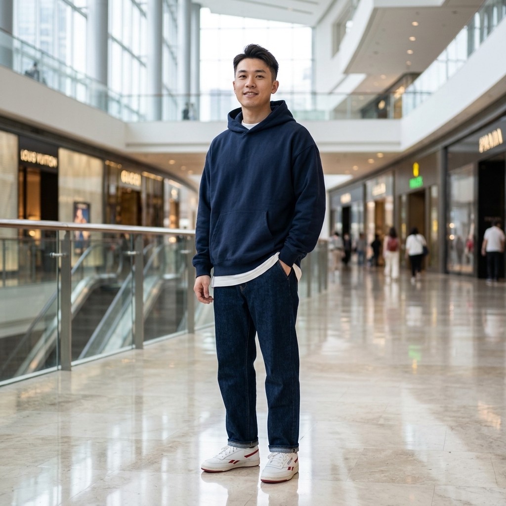 Weekend chill — men: navy hoodie, white tee, straight denim