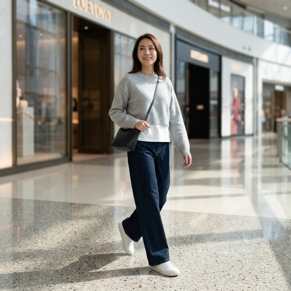 Weekend chill — women: cropped grey knit, white tee, high-rise denim