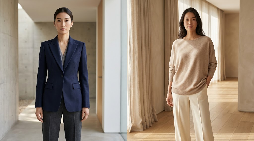 Set-in blazer vs engineered drop knit — body type pairing