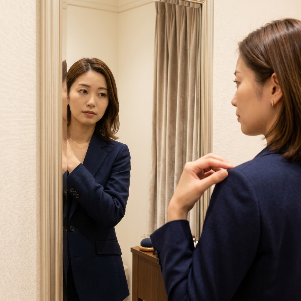 Self-check: finger on acromion while fitting a blazer