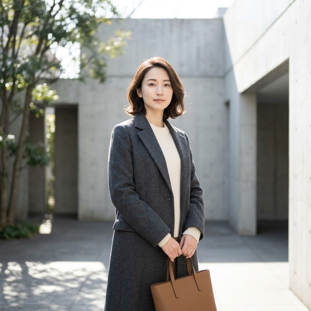 60-30-10 outfit: charcoal coat, cream knit, caramel leather bag