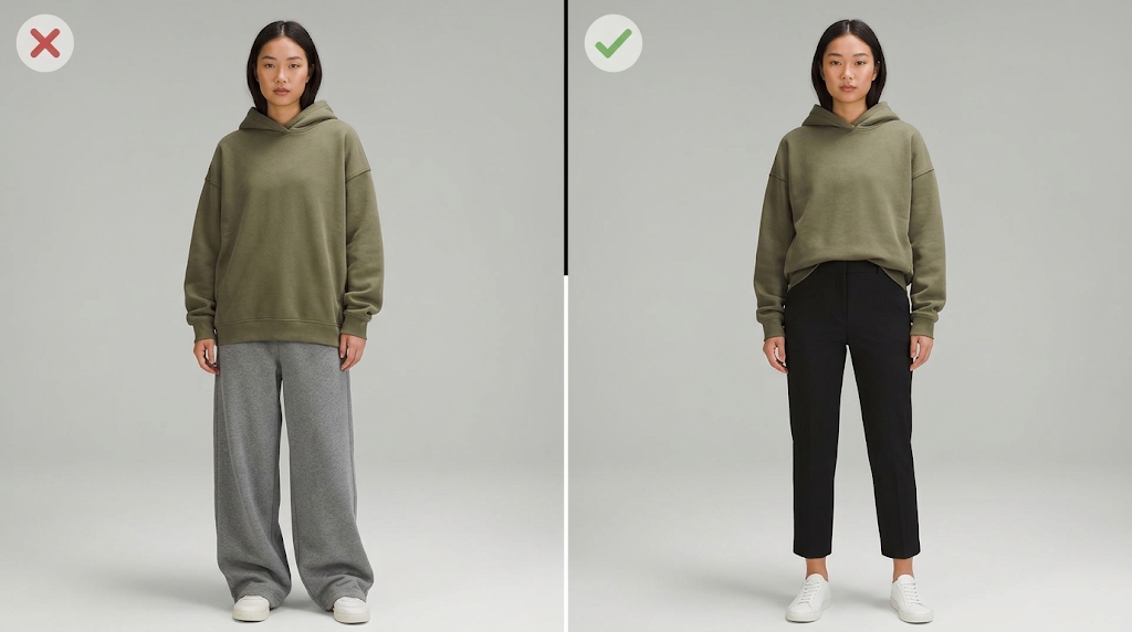 Do vs don't: full loose vs balanced hoodie and slim trousers